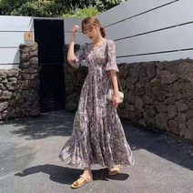 잔꽃 원피스 2022 여름 허리 슬리밍 브이넥 넥 반팔 모리 스타일 부드러운 O브이넥erknee 쉬폰 원피스 빠른배송