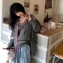 싱글코트옷 봄가을 브이넥 상패 와이드 루즈핏 멜란 베스트 조끼 버튼 포켓 스웨터 가디건 2592337728