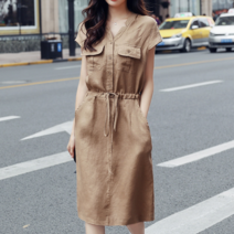 스타일아유 여성 내츄럴 린넨 원피스 여름 반팔 루즈핏 허리끈 롱 스트링 원피스 단정한코디 [AYG6OP0029]