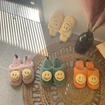 스마일 털실내화 겨울 방한 사무실 캐릭터 거실 층간소음 실내화 슬리퍼 거실화 요라나, 노랑