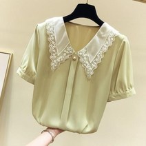 빅사이즈 블라우스 이쁜옷 여성 상의 큰옷 캐주얼 솔리드 느슨한 짧은 소매 세련 된 쉬폰 셔츠 여름 패션 의류 레이스 패치 워크 모든 일치 달콤한 탑스