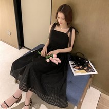 제이블리 블랙 체크 오간자 끈 롱 원피스