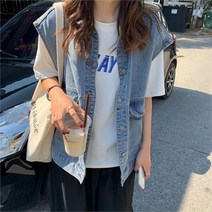 프리티 글라라 여성 청 베스트 청조끼 오버핏 데님 베스트 청자켓 (7473732)