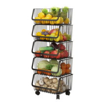 꿀물리빙 이동식 바퀴 주방정리선반 베란다 과일 야채보관선반 스토커 만능 주방수납바구니, 3단, 블랙