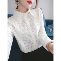 여성 레이스 플라워 뾰족 긴팔 셔츠 정장 이너 탑 3040