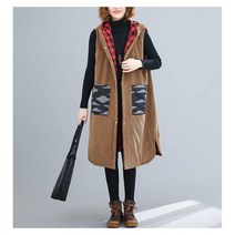 엄마옷 50대 중여성 0 봄 가을 중간 길이 코듀로이 조끼 여성 패딩 컬러 블록 루즈 후드 자켓