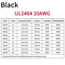 5M UL2464 30 28 26 24 22 20AWG 전선 케이블 채널 라인 2 3 4 5 6 7 8 9 10 코어 PVC 절연 구리 전력선, [11] Black 20AWG, [03] 4 Cores, [01] 5 Meters