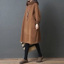 코듀로이 롱 원피스 여성 기모 겨울 골덴 가을 ​​ 드레스 레트로 vestidos 벨벳 하이 넥 드레스 중간 길이 느슨한 풀오버 스웨터 2022 추가