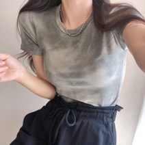 여름 코튼100% 물나염 크롭 숏 여성 반팔 티셔츠