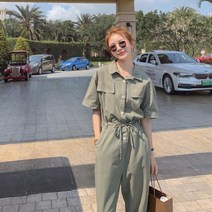 카키색 반팔 여성 탑드레싱 손나은점프수트 경성의복 허리끈 면 화사옷 핏좋은 원단좋은 셀럽