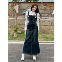 멜빵 청치마 코디 빅사이즈 롱 스커트 a라인 원피스 복고 여성 작업복 데님