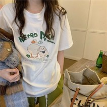 봄 2023 여름 화이트 티셔츠 반팔 상의 여성 의류 보터밍 셔츠 루즈 슬리밍 샌딩 프린트 253919
