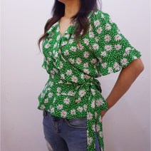 플라워 프릴 캉캉 랩 긴 리본 블라우스