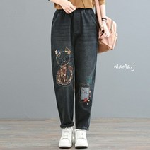 기모 고양이 자수 패치 밴딩 배기 스판 청바지 중년여성옷 50대 엄마옷 마담 빅사이즈