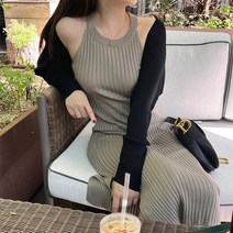 여성 홀터넥 골지 옆트임 미디 롱원피스 베이직모던 레이어드 꾸안꾸룩 나시 드레스 3컬러