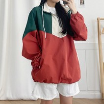 순이들 여성 브이 배색 후드 아노락 바람막이