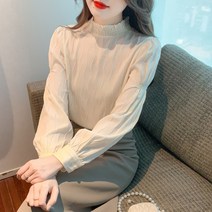 봄 차이나 블라우스 긴팔 풀오버 기질 상의 웨이브 조직감 블라우스 여