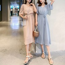 코지 여성 러블리한 무드 상큼발랄한 브이넥 플레어 쉬폰 미디원피스