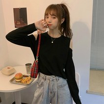 오픈숄더긴팔티 유행 인싸템 롱슬리브티 여성 초여름 오프숄더 어깨트임 디자인감각 트렌드 BF 키치한 솔리드 1232543519