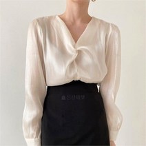 여자 V넥 꼬임 긴팔 솔리드 블라우스