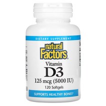 네추럴 팩터스 Natural Factors 비타민D3 125mcg(5000IU) 소프트젤 120캡슐 240캡슐 360캡슐 1병, 5000IU, 360개