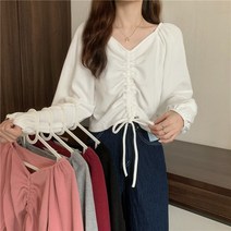 블라우스 봄 지컷 여성 Drawstring v-neck 반팔 셔츠 여성용 디자인 틈새 탑