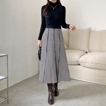 오슈 여성 데일리 3컬러 스판 주름셔링 모던체크 롱원피스