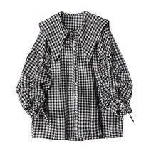 WZC 봄가을 하프 남방 셔츠 카라 체크 스트링 오버핏 숏상의 빅사이즈여성의류 M~4XL