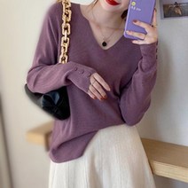 루오코 봄 가을 여성 V넥 스웨터 스웨터 오버사이즈 탑 셔츠 니트 티셔츠