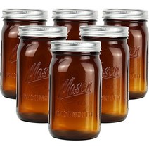 Polytun 앰버 유리 메이슨 병 946.4ml(32온스) 넓은 입구 밀폐 뚜껑 및 밴드 6팩 앰버 투명 유리 통조림 메이슨 병 쿼트 메이슨 병 (6개 세트) (넓은 입구)