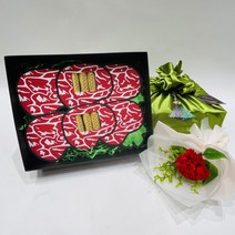 러블리팜 명품 용돈 선물 한우 + 보자기 + 태슬 + 비누꽃 한송이 카네이션 세트, 한우+한송이카네이션세트, 그린