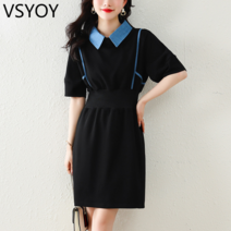 vsyoy 대형 드레스 여성의 여름 중간 길이 캐주얼 타이트 허리 슬리밍 우아한 프렌치 블랙