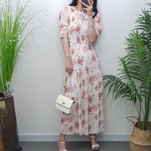 제이후 여름 플라워 퍼프 반팔 스모크 밴딩 A라인 플레어 맥시 쉬폰 롱 원피스