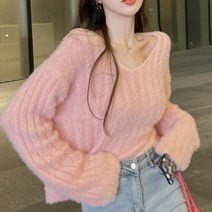 여성 여리핏 퍼 브이넥 크롭 니트/4컬러