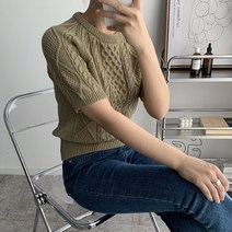 오오엘 여성용 하프 케이블 라운드 피셔 꽈배기 반팔 니트