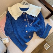 나시가디건세트OCEANLOVE 가디건 피터팬 칼라 빈티지 달콤한 대비 컬러 여성 탑 구슬 장식 겨울 Chaqueta