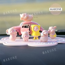 Makone 상표등록 대쉬보드 차량용 자동차 핑크돼지 피규어 악세사리 차꾸미기 장식인형, 돼지 6마리+풍선+핑크 미끄럼 방지 패드