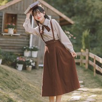 개화기 의상 경성 의복 스쿨 빈티지 고급 세트 스커트 키작녀 멜빵 플레어 롱 브라운 리본