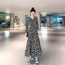 쉬폰 허리 스트링 롱원피스 뮤코 봄옷 롱 원피스 시보리 작은 데이지 라지