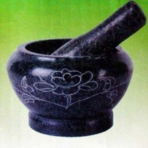 꽃문양 매끈 검정 돌절구 (자연석 화강암 주방절구 옥돌 약절구