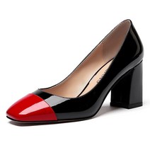 정품 WAYDERNS 여성용 스퀘어 토 솔리드 슬립온 페이턴트 가죽 패치워크 블록 하이힐 펌프스 7.6cm 레드 블랙.