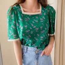 작은방 국내제작 빈티지 플로랄 레이스 스퀘어넥 블라우스 3컬러