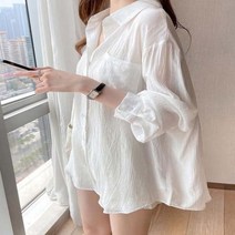 실크블라우스 빅사이즈 민소매 인견 수입 새틴 레이온셔츠 셔링 오간자 여성용 아이스 실크 화이트 자외선 차단 셔츠 긴 소매 가디건 얇은 코트 한국 스타일 블라우스 상의 여름