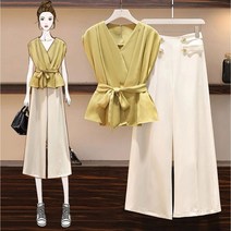 연두색 브이넥 실크블라우스 허리잘록 리본 탑 와이드레그 팬츠 세트구성 블랙 화이트 여성큰옷 정장 투피스 패션스타일 코디