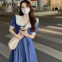vsyoy 여름 새로운 대형 통통 소녀 달콤한 쿨 스타일 인형 칼라 우아한 드레스 타이트 허리 슬리밍 데님 드레스