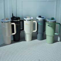 마시뷰 퍼스트브이 1.18L 대용량 대형텀블러 손잡이텀블러 보온 보냉 스텐빨대 뚜껑 진공텀블러, 히든그린