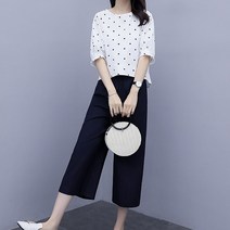 심플 도트 블라우스 와이드 9부 팬츠 상하의코디 세트