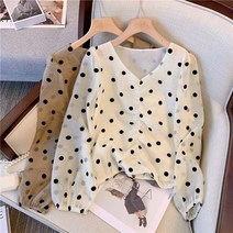 L-4XL 빅사이즈 도트 셔링 브이넥 여성 쉬폰 블라우스 88 캐주얼