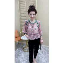 여름 인견블라우스 엄마옷 빅사이즈 꽃무늬 프릴 카라 리본 셔츠 배색소매