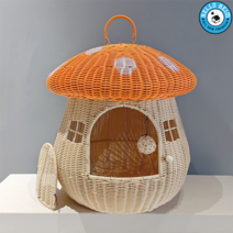 해외 버섯집 라탄 캣 고양이 강아지 원목 숨숨집 하우스 펫가구 집 바구니 여름, L-대형(고양이집 문 탈부착), 오렌지(매트포함)